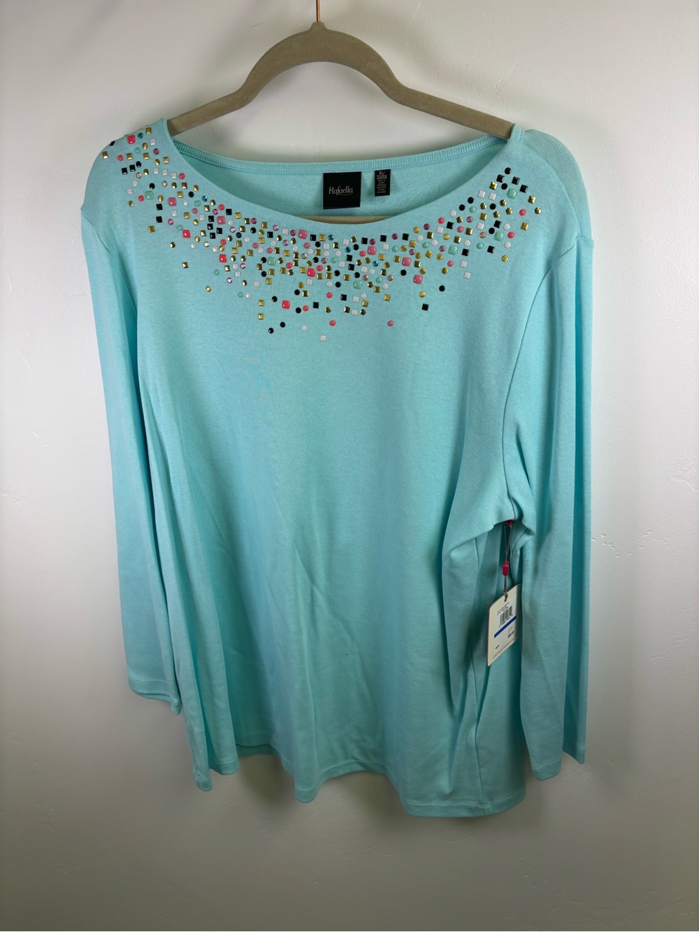 RAFAELLA PULLOVER COTTON TOP  
WOMEN XL  AQUA WITH DECO LONG SLEEVES